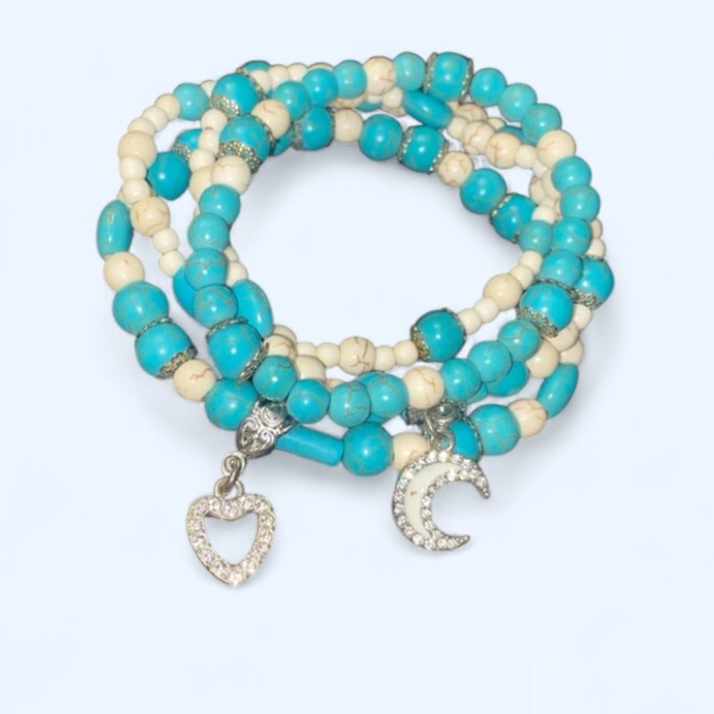 Turquoise and White Beaded Bracelet with Charms